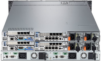 Four 1Gb IP ports per node are used for front-end CIFS/NFS and four for back-end iSCSI, with 48GB of battery-protected cache and automatic load balancing.